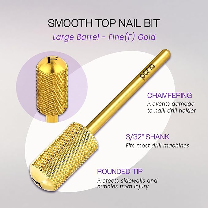 PANA 3/32" Small Smooth Round Top Safety Carbide Nail Drill Bit for Gel Polish & Acrylic Removal Nail Salon Manicure Pedicure Electric File Tools (Small Barrel - Gold, Fine)