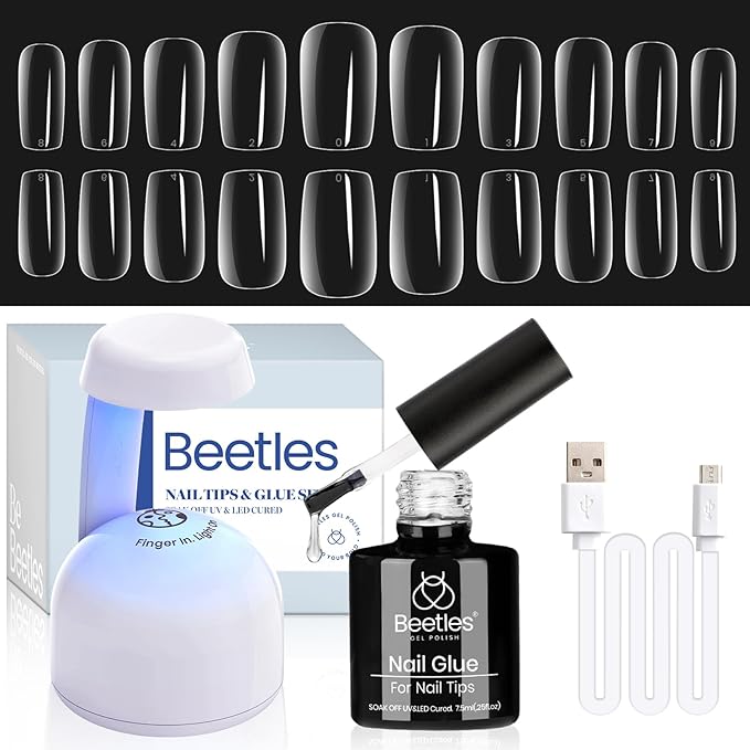 Beetles Gel Nail Kit Easy Nail Extension Set 500Pcs Pre shaped Short Square False Nail Tips with 5 in 1 Mutipurpose Glue Gel Base Uv Led Nail Lamp for Nail Art Diy Home