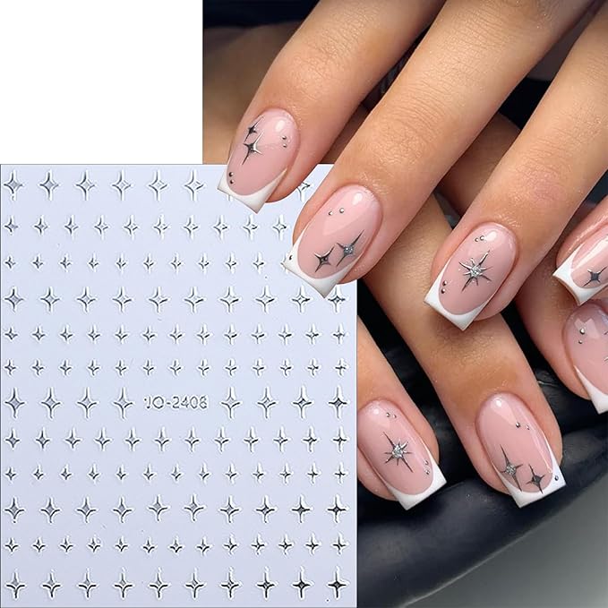 6 Sheets Metallic Mirror Star Nail Art Stickers 3D Shiny Silver Hollow Out Heart Nail Decals French Silver Glitter Star Moon Nail Designs Sticker for Women DIY Manicure Decoration