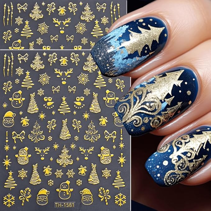 6Pcs Christmas Nail Stickers 3D Golden Christmas Tree Deer Nail Stickers for Nail Art DIY Self Adhesive Nail Decals Gold Bow Snowflake Nail Decoration Supplies Holiday Manicure Accessories for Women