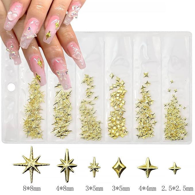 400Pcs 3D Gold Silver Star Nail Art Charms Metallic Studs Rhinestones Bling Gems Decorations Manicure Kit Art Supplies Accessories for Women Girls Acrylic Nails