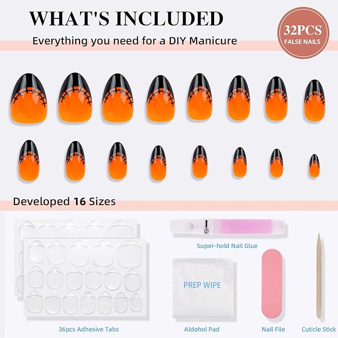 French Tip Press on Nails, Short Press on Nails Almond Reusable Glossy Soft Gel False Nails Orange Press ons for Women, 16 Sizes 32 Count Nails Kit with Glue (SV-09)