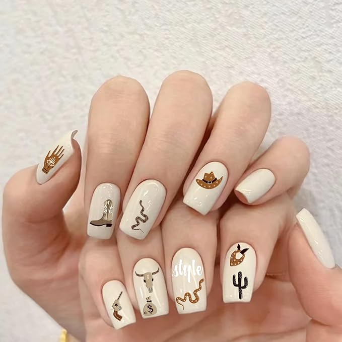 2 Sheets Retro Cowboy Nail Art Stickers, Western Cowboy Style Self-Adhesive DIY Nail Decals, Brown Cowboy Hat Designs Nail Stickers for Retro Style Nail Art Decals