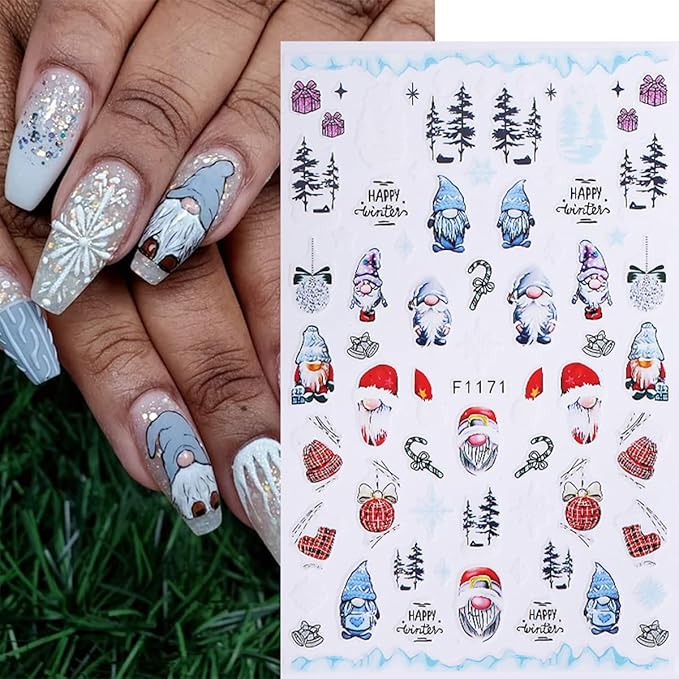 Christmas Nail Art Stickers Decals 3D Self-Adhesive Christmas Nail Stickers Nail Art Supplies 8PCS Elk Holly Santa Claus Green Leaf Snowy Tree Xmas Manicure Sliders for Winter Holiday Nail Decorations