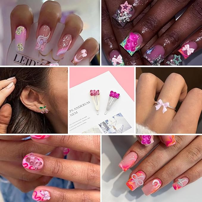 Gummy Candy Bear Nail Charms, Cute Pink Flower Bow 3D Nail Charms for Nails Design, Alloy Cherry Butterfly Dollar Nail Art for Women Manicure DIY Crafts