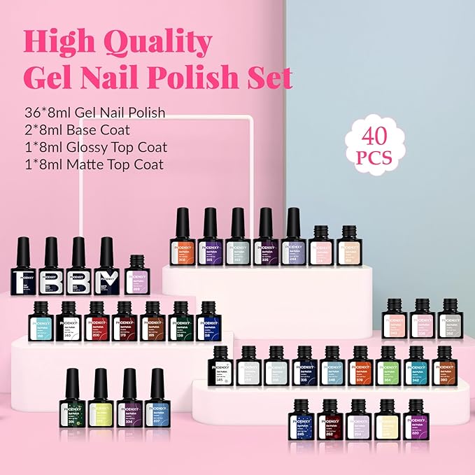 phoenixy 40 PCS Gel Nail Polish Kit, 36 Colors Gel Nail Polish Set with Base Top Coat Pink Blue Red at Home Nail Kit Gifts for Women