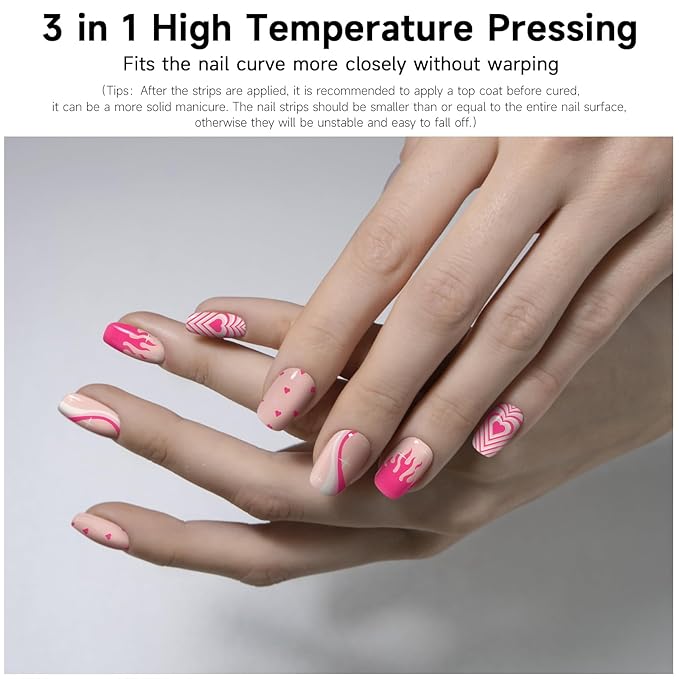 Semi Cured Gel Nail Strips, Pink Heart | 28 pcs Gel Nail Strips Work with Any UV Lamp, Salon Quality UV Nails Stickers, Easy to Apply for Home Nails DIY