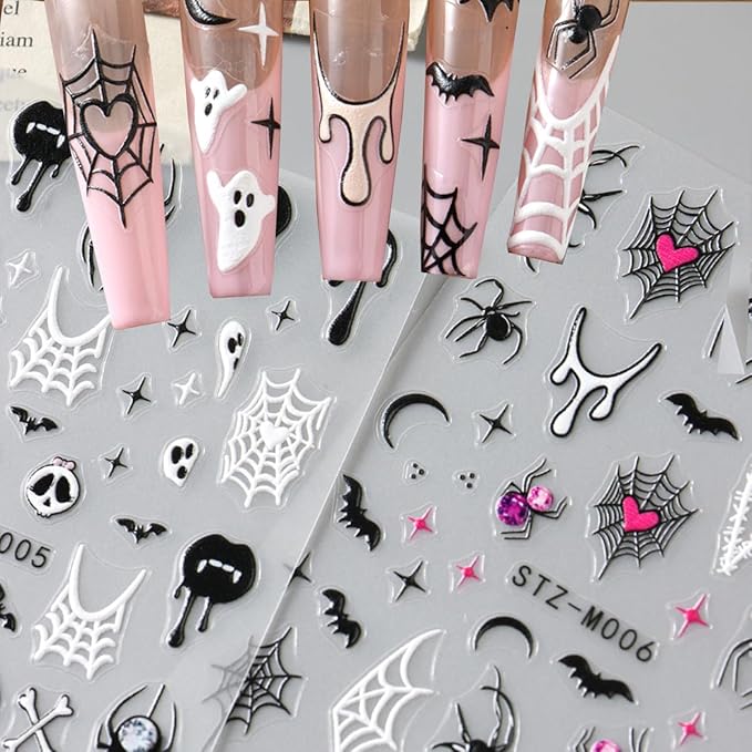 6pcs/Set Halloween Ghost 3D Nail Sticker Pink Heart Spider Web Black Stars Moon Love Spider Skull Cartoon Nail Art Stickers Designs French Manicure DIY Cute Holiday Nail Art Decoration Charms