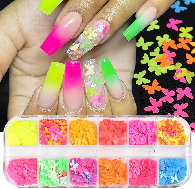 Butterfly Glitter Nail Art Sequins, 3D Fluorescent Glitters Butterflies Flakes, Holographic Neon Laser Shiny Butterfly Nail Supplies for Women Girls Manicure Charms Decorations DIY Resin Nail Art Tips