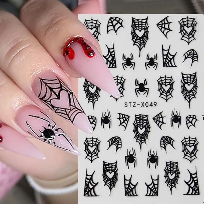Spider Nail Art Stickers Black and White Spider Spider Web Nail Decals 3D Self-Adhesive Halloween Nail Sticker Spider Design Halloween Nail Art Decoration Holiday Nail Charms for Women 8 Sheets