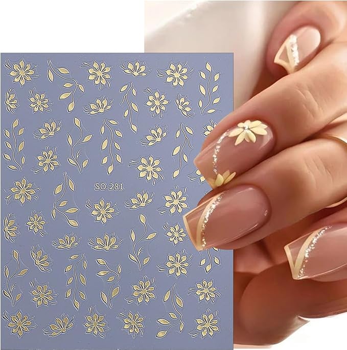 6 Sheets Floral Nail Art Stickers, Spring Leaf Nail Decals, 3D Self-Adhesive Nail Decoration Supplies for Daily Festival DIY Pink White Silver Black Gold Manicure Stickers