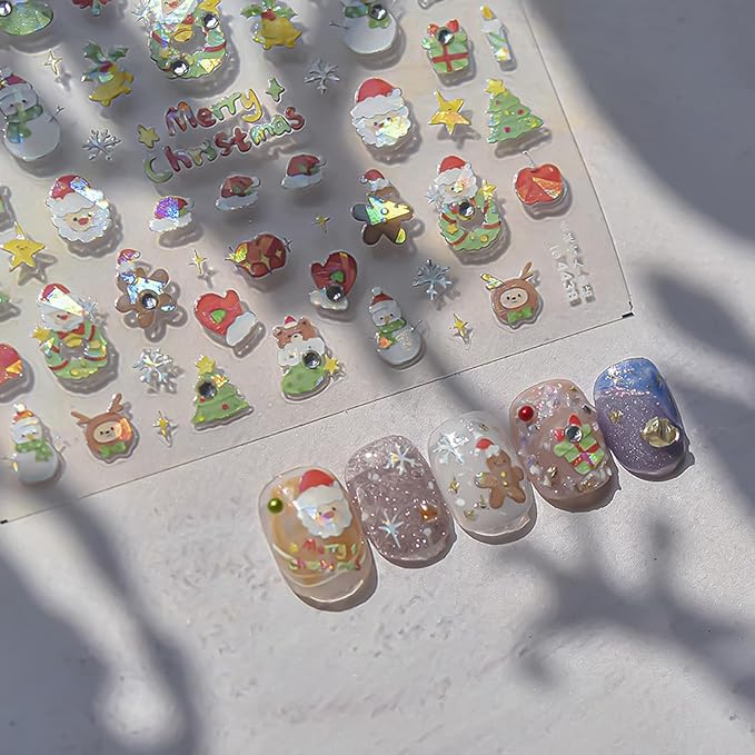 Christmas Day Nail Art Stickers 3D Self-Adhesive Cute Santa Claus Nail Art Decals for Acrylic Nails with Snowman Christmas Tree Designs Nail Sticker Winter Nail Supplies for Women DIY Manicure Decor
