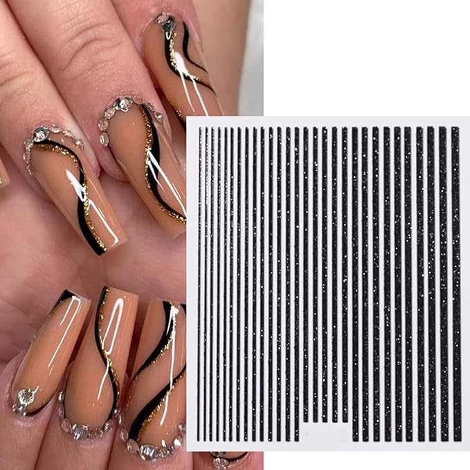 6 Sheets 3D Glitter Lines Nail Art Stickers - Gold Metallic Supplies, Metal Decals, French Effect Silver Design, Simple Line Glitter Sticker for Women DIY Decoration