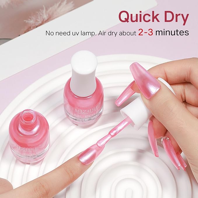 MIZHSE Pearlescent Rose Pink Nail Polish, Quick Dry Pearl Nail Polish, Air Fast Drying 15ml Nail Lacquer Non Gel Oil-based Nail Art Manicure Home DIY