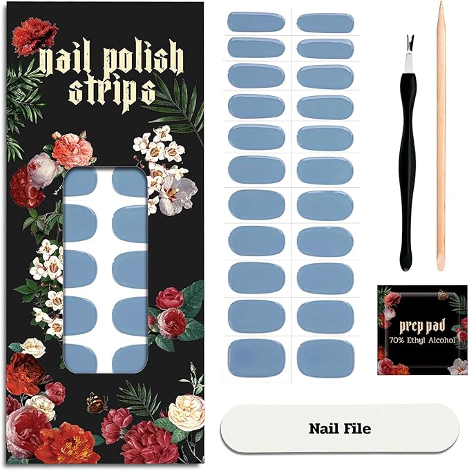 Nail Polish Strips - 22 Pcs Salon Quality Gel Nail Stickers - Long Lasting Wraps (Blue Hour IceBurg)