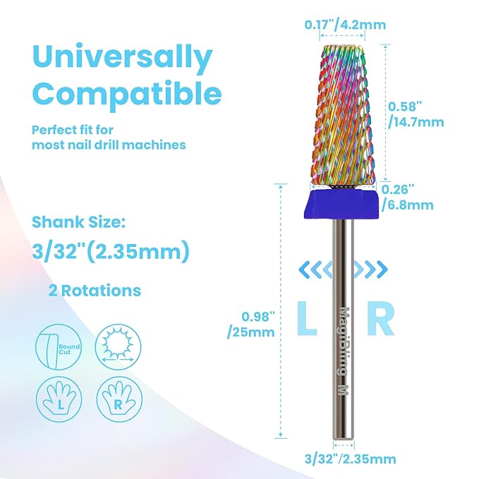 Professional 5 in 1 Tapered Nail Drill Bits, 3/32'' Safety Tungsten Carbide Bits, Remove Hard Gel Fast, Left & Right Hand Use, Easy for Beginner, Technicians Bits, Medium.