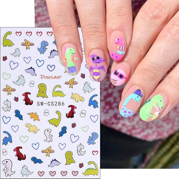 6Pcs Cute Dinosaur Nail Art Stickers 3D Self Adhesive Kawaii Nail Decals Cute Nail Stickers Colorful Animal Aircraft Summer Nail Design Sticker Heart Nail Art Supplies for Women Manicure Accessories