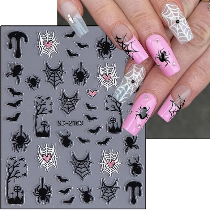5Pcs Halloween Nail Art Stickers Decals 5D Cute Pumpkin Ghost Nail Stickers Bloody Spider Web Bat Skeleton Goth French Nails Design Decals Spider Nail Supplies for Women Halloween Salon Manicure