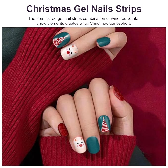 Semi Cured Gel Nail Strips,28 pcs Christmas Nail Stickers for Women,Long Lasting Gel Strips with Any UV Light,Red Green Christmas Sticker for Nails Easy to Apply