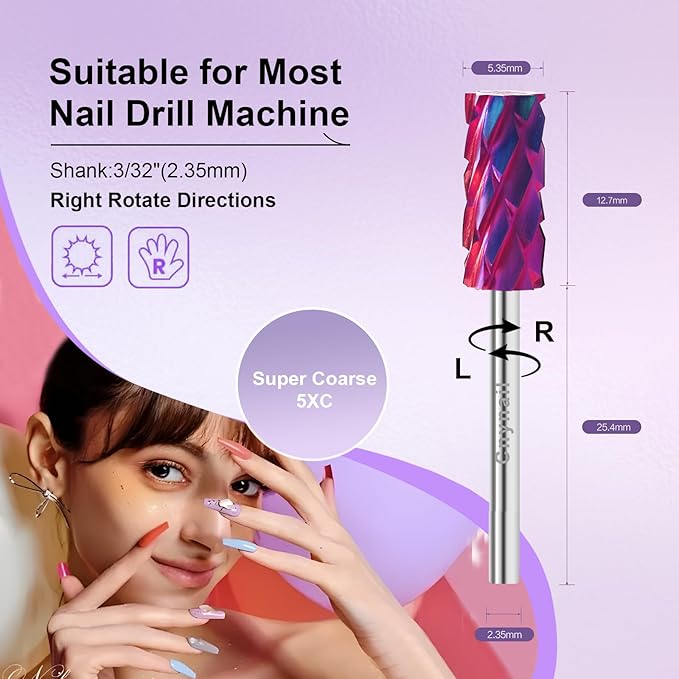 3/32" Small 5.35MM Barrel Bit Tungsten Carbide Nail Drill Bit Safety Bit for Gel & Acrylic Removal, Right Way Rotating Efile Tip, Salon Electric File Accessory (5XC Girt, Purple)