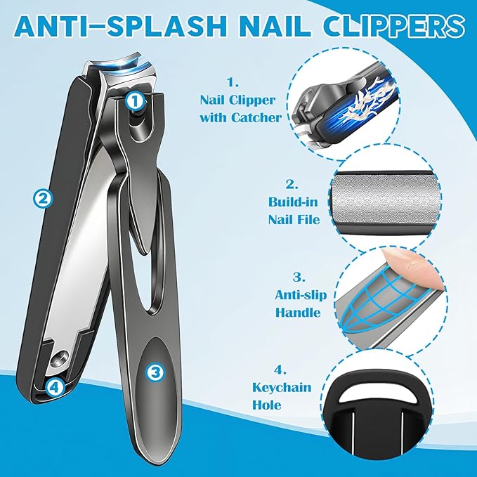 Long Handle Toenail Clippers Set for Seniors Thick Toenails, 7-in-1 Heavy Duty Nail Clippers with Catcher, Professional Ingrown Toenail Clippers for Men and Women, Manicure Pedicure Kit