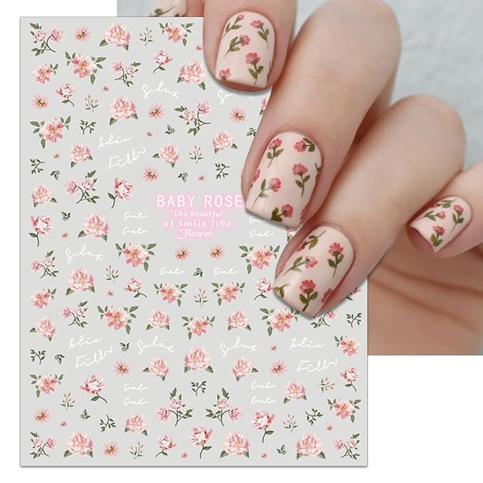 Rose Flower Nail Art Stickers - Pink Floral Leaf Self-Adhesive 3D Nail Decals for DIY Spring Summer Manicure (6 Sheets)