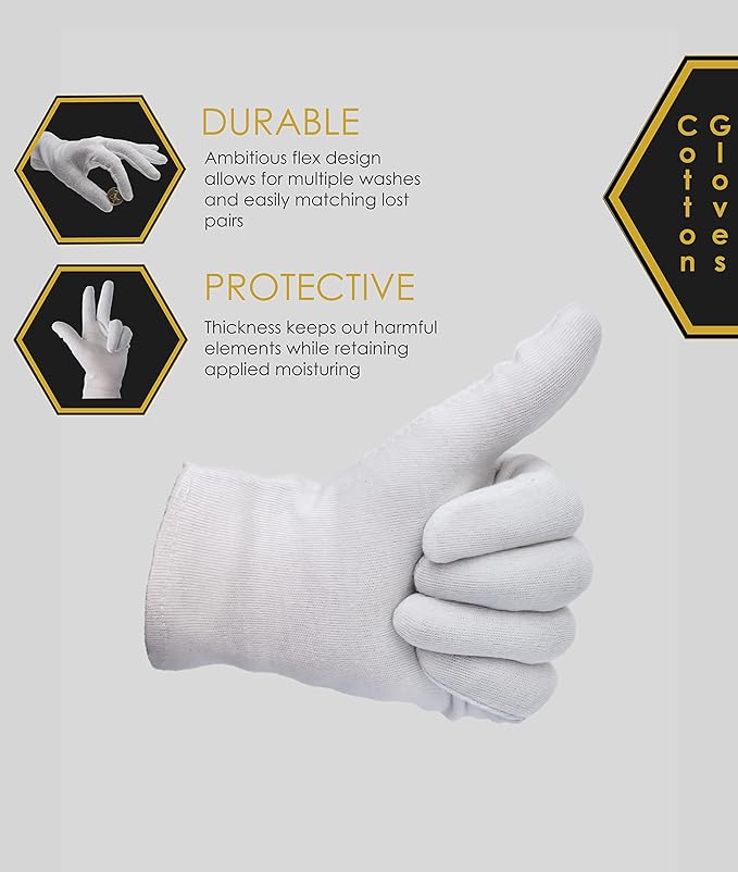24 Pcs White Cotton Gloves - Protective for Dry Hands, Moisturizing, Inspection - Machine Washable