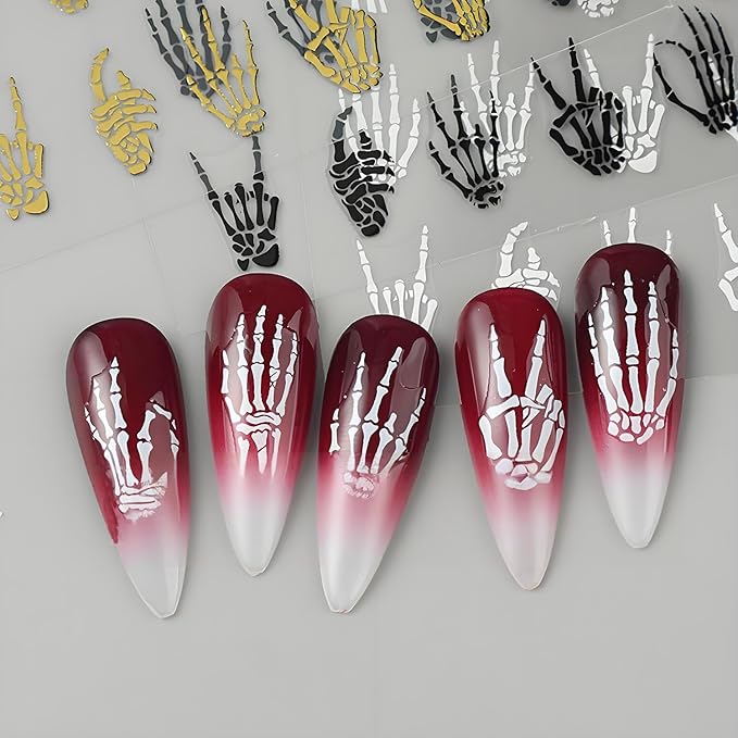Halloween Nail Art Stickers Decals 3D Finger Bone Nail Stickers 4PCS Black White Gold Silver Fantasy Bone Design Halloween Nails Adhesive Decals Supply for Women Holiday Manicure Nail Art Decorations