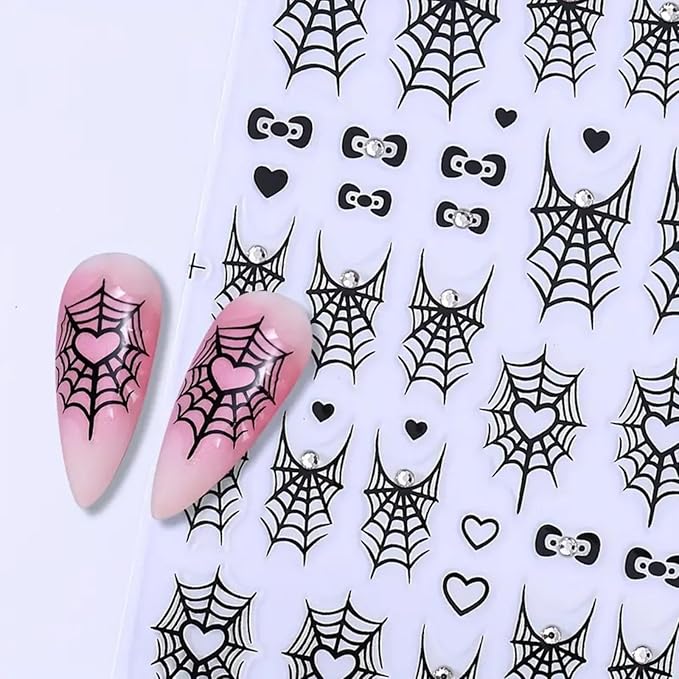 4PCS Halloween Nail Art Stickers Black Spider Web Spider Nail Decals with Rhinestone Crystal Spider Web Spider Nail Stickers Cute Bow Heart Halloween Nail Art Supplies for Women Manicure Decorations