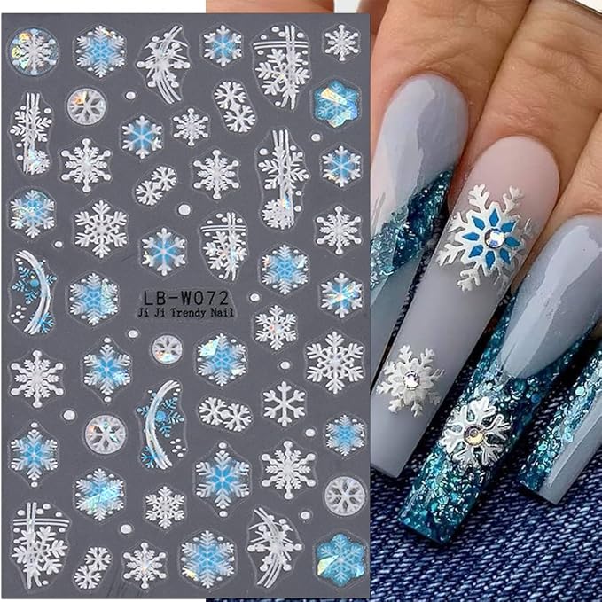 4 Sheets Christmas Nail Art Stickers - Blue Snowflake & White Reindeer Nail Decals - 3D Self-Adhesive Winter Holiday Supplies