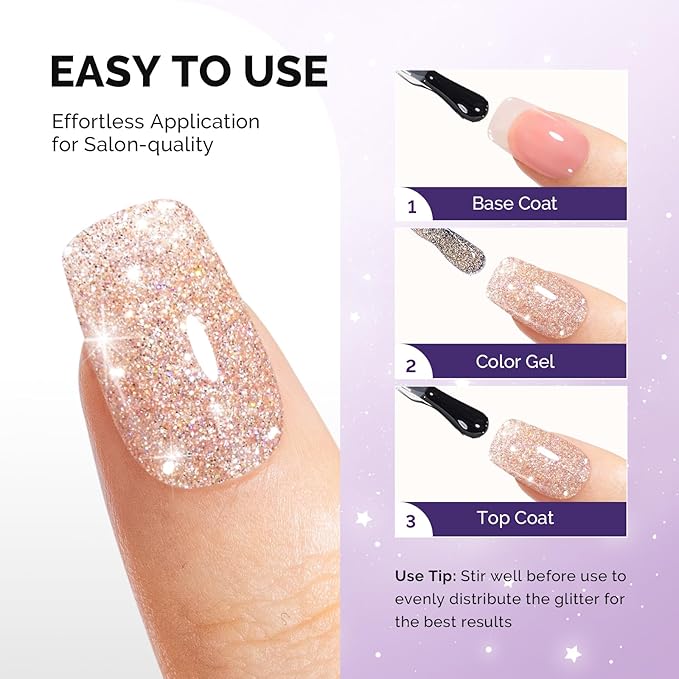 MelodySusie Galaliver Glitter Gel Nail Polish, 15ML Sparkly Shimmer Gel Polish Soak Off UV LED Cured Long Lasting Gift for Women DIY Nail Design Nail Art Manicure Nude Pink X03