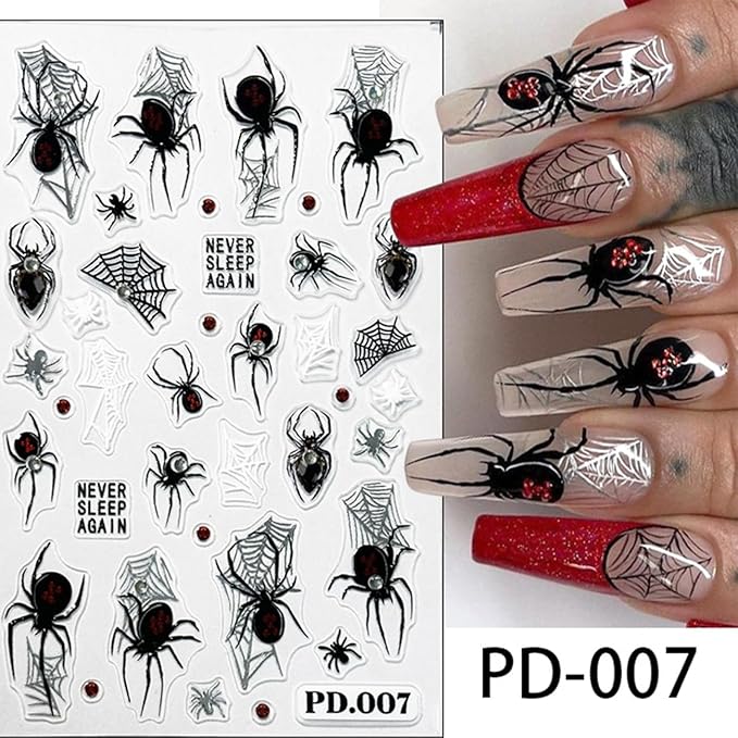 Halloween Embossed Nail Art Stickers -5D Cute Ghost Nail Decals for Nail Art Skull Spider Web Pumpkin with Rhinestones Design Self-Adhesive Nail Art Supplies Halloween Nail Decoration 4 Sheets