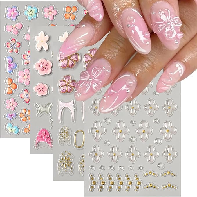 4 Sheets Flower Nail Art Stickers 5D Embossed Colorful Spring Summer Nail Sticker Self Adhesive Five-Petaled Floral with Gold Beads Glitter Design Floral Nail Decals for Women and Girls DIY Nails
