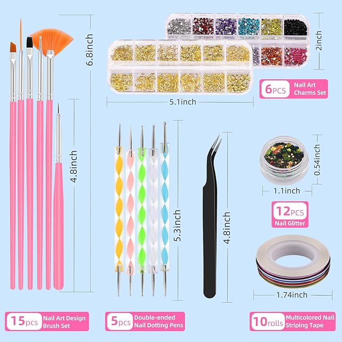 Nail Art Kit for Beginners with Nail Brushes Set and Dotting Tools, Jumbo Holographic Glitter Sequins 2-6mm Rhinestones 3D Pink&White Flowers Metal Studs Colorful Striping Tape with Tweezers (03-Pink)