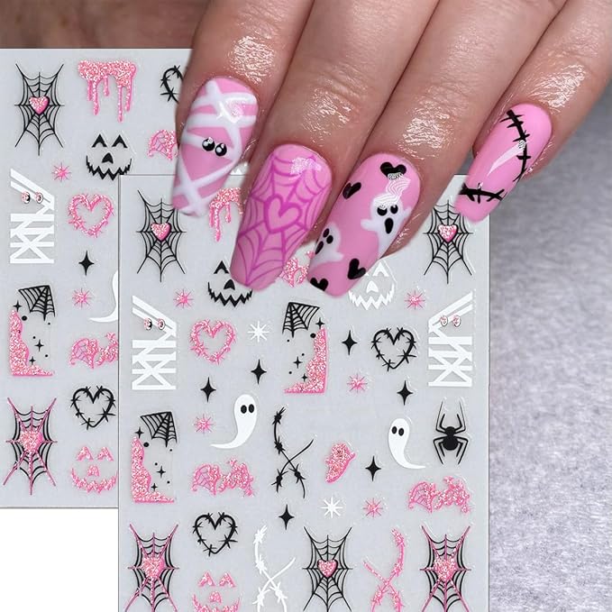 6 Sheets Halloween French Nail Stickers for Nail Art Cute Ghost Spider Web Bat Nail Decals Pink Glitter Pumpkin Blood Nail Design Stickers 3D Self-Adhesive Holiday Nails Art Supply for Women Manicure