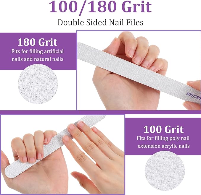 200Pcs 100/180 Grit Nail Files, Professional Double Sided Emery Board for Natural and Acrylic Nails, Reusable Fingernail Files Bulk, Manicure Tools for Salons Home Pedicure Beauty