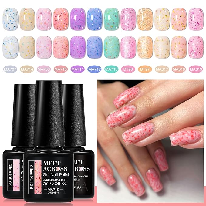 MEET ACROSS 12PCS Gel Nail Polish Set, 12 Colors Gel Nail Kit Art Design Soak Off UV LED,Nail Art Design Gifts for Women (SET-11, 12PCS)