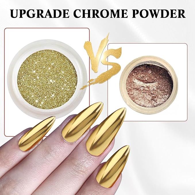 2 Jars Chrome Nail Powder：Mirror Effect Gold Chrome Nail Powder,Metallic Mirror Silver Chrome Powders Decoration for DIY Nail Art,Pigment Holo chrome powder with 4 Eyeshadow Sticks