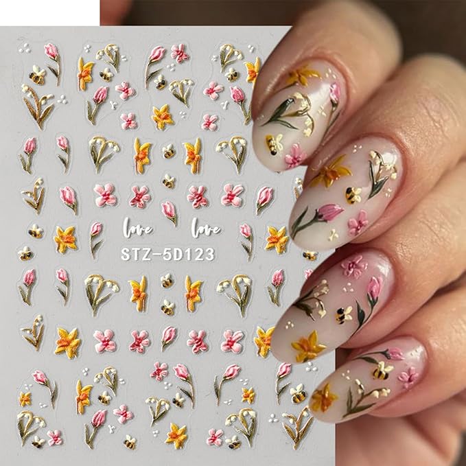 5D Flowers Nail Stickers for Nail Art Cute Bee Ladybug Small Floral Nail Decals Self-Adhesive Summer Nail Art Stickers Strawberry Peach Blossom Leaf Nail Design Manicure Supplies for Women 4 Sheets