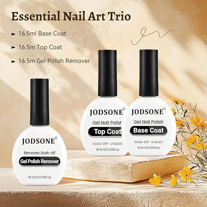 JODSONE 3Pcs 16.5ml Top Coat and Base Coat Set with Gel Nail Remover No Wipe Top Coat Base Need U V Lamp Cured Gel Nail Remover for Quick and Easy Removal At Home