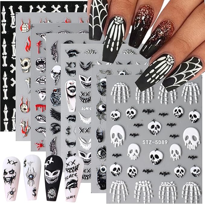8 Sheets Halloween Nail Stickers for Nail Art 5D Self-Adhesive Gothic Bat Skeleton Spider Nail Decals Black White Claw Nail Design Stickers Halloween Nail Art Supplies for Women DIY Manicure Tip