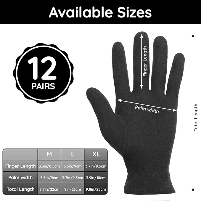 Segbeauty 24 Counts Elastic Black Cotton Gloves Work, 12 Pairs Moisture Lotion Cotton Gloves for Dry Hands Overnight with Elastic Band for Jewelry, At Home Spa Sleep Glove Soft Reusable Gel Glove Bulk