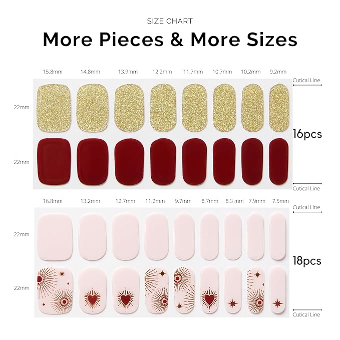 Semi Cured Gel Nail Strips - NAILOG 34 Pcs Red Brown Gold Glitter Nail Stickers Extra Long Wraps with Glossy Gel Finishing for Autumn Winter, My Queen
