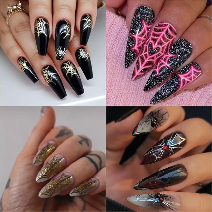 4 Sheets Spider Web Nail Stickers 3D Self-Adhesive Halloween Nail Art Stickers Laser White Silver Gold Spider Web with Rhinestones Horror Design Goth Nail Decals Nail Supplies for Women Acrylic Nail