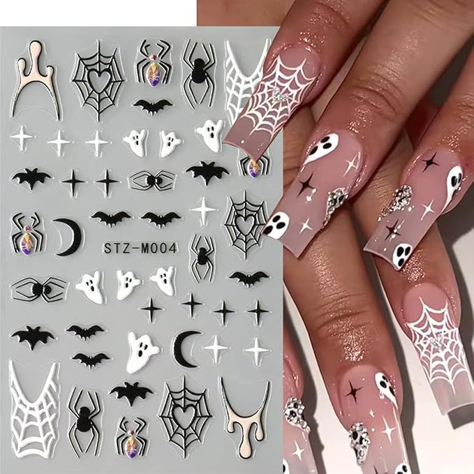 Halloween Nail Art Stickers Decals Halloween Spider Web Spider Nail Decals 3PCS Ghost Bat Skull Star Design 5D Engraved Nail Stickers Nail Art Supplies for Women Holoday DIY Manicure Nail Decorations