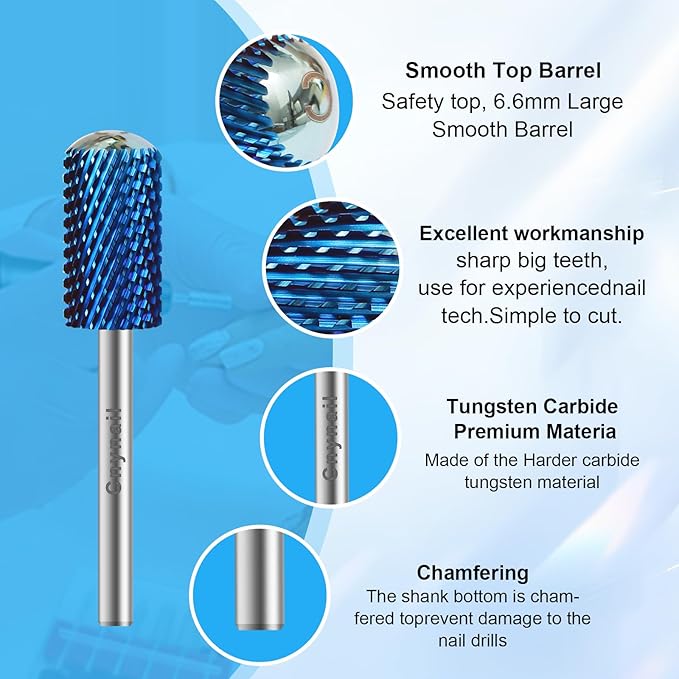 3/32" Large Barrel Smooth Round Top Tungsten Carbide Nail Drill Bit Safety Bit for Gel & Acrylic Removal, 2-Way Rotating Efile Tip, Salon Electric File Accessory (C Grit, Blue)