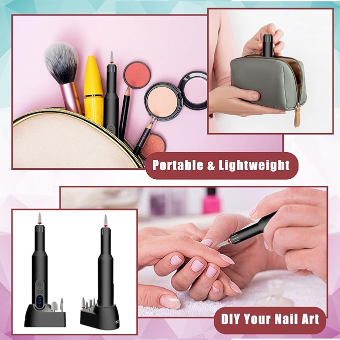 Pinkiou Electric Nail Drill, Cordless Electric Nail File ,Manicure Pedicure Kit for Acrylic,Gel Nails,Rechargeable Nail Drill,Professional Nail Grinder for Home Salon Use
