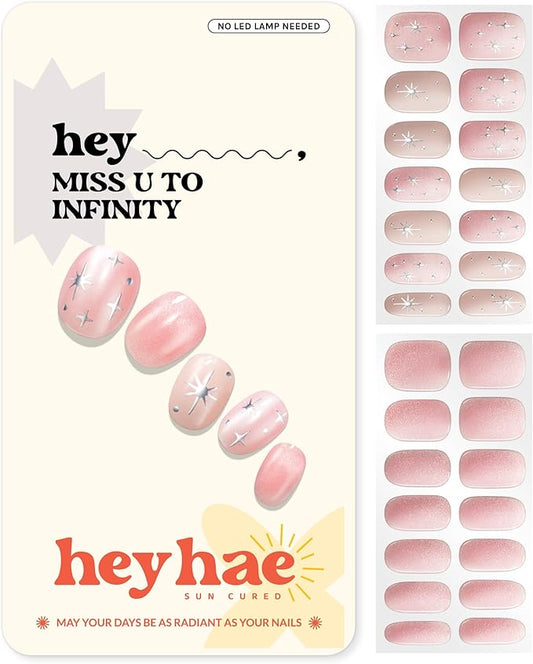 Heyhae Semi Cured Gel Nail Strips | No LED Lamp Needed | Glitter, Pink, Spring | Easy Apply & Remove, Salon Quality |Includes 28 Strips, 1 Prep Pads, Nail File & Wooden stick - Hey, Miss u to Infinity