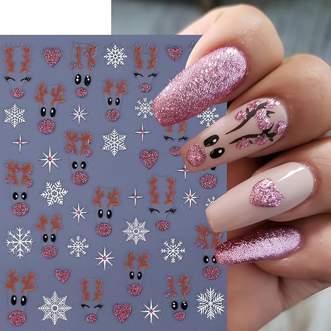 6 Sheets Christmas Glitter Elk Nail Art Stickers 3D Self-Adhesive White Snowflake Cute Reindeer Nail Design Red Pink Glitter Heart Nail Decor for Women Winter Xmas Holiday Manicure DIY Nail Supplies