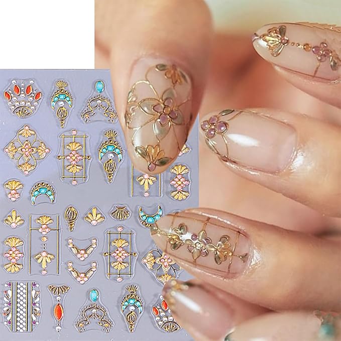 2 Sheets Bohemian Style 5D Embossed Nail Stickers for Nail Art Self-Adhesive Star Moon Sun Nail Decals Colorful Glitter Gems Nail Design Stickers Bohemia Nails Art Supplies for Women Manicure Tips